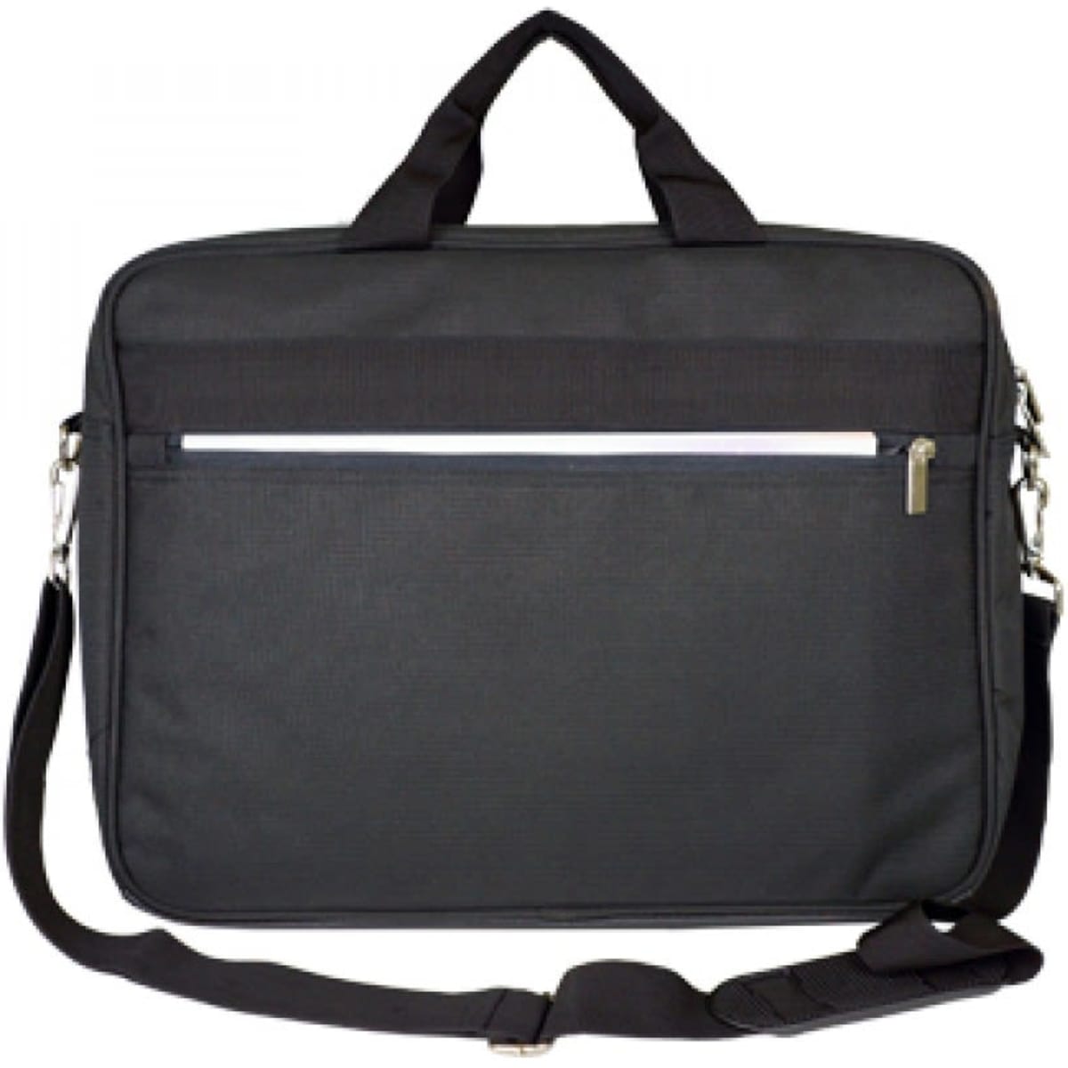 A black conference satchel with handles, a shoulder strap, and an exterior zip pocket. It features a logo.