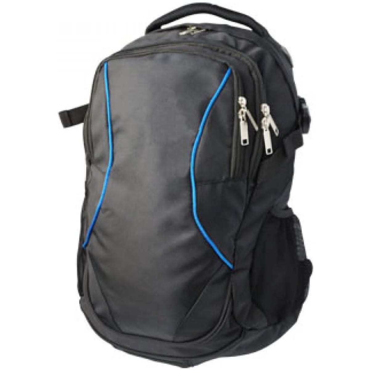 A black deluxe backpack with blue accents and two zippered compartments. It features a top handle and padded straps.