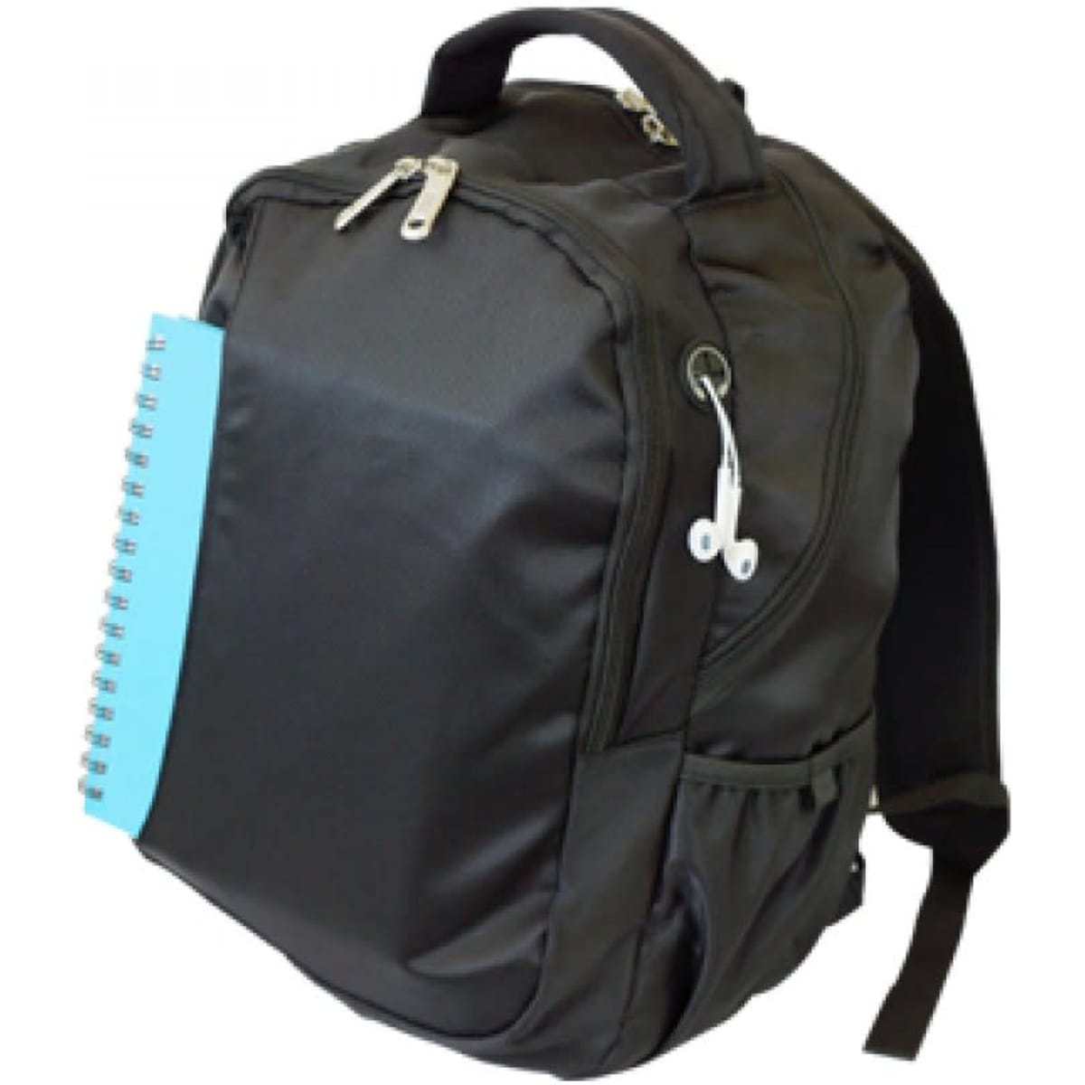 A black backpack with a zipper, featuring a side pocket, and a light blue notebook attached. It has a logo.