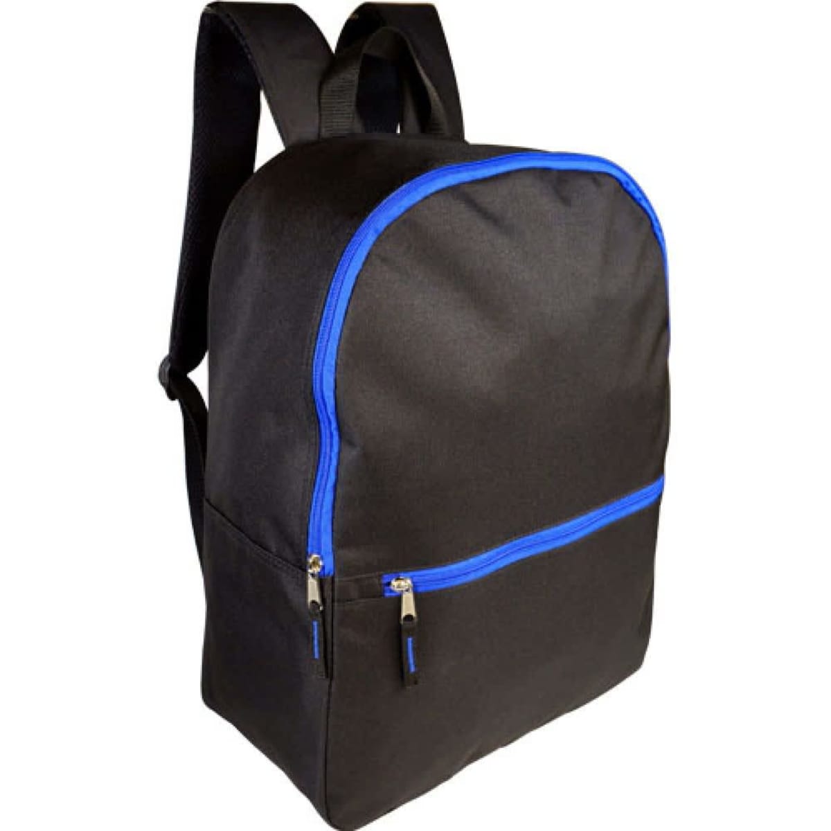 A black backpack with blue trim and a front zip pocket, featuring adjustable shoulder straps and a simple design.