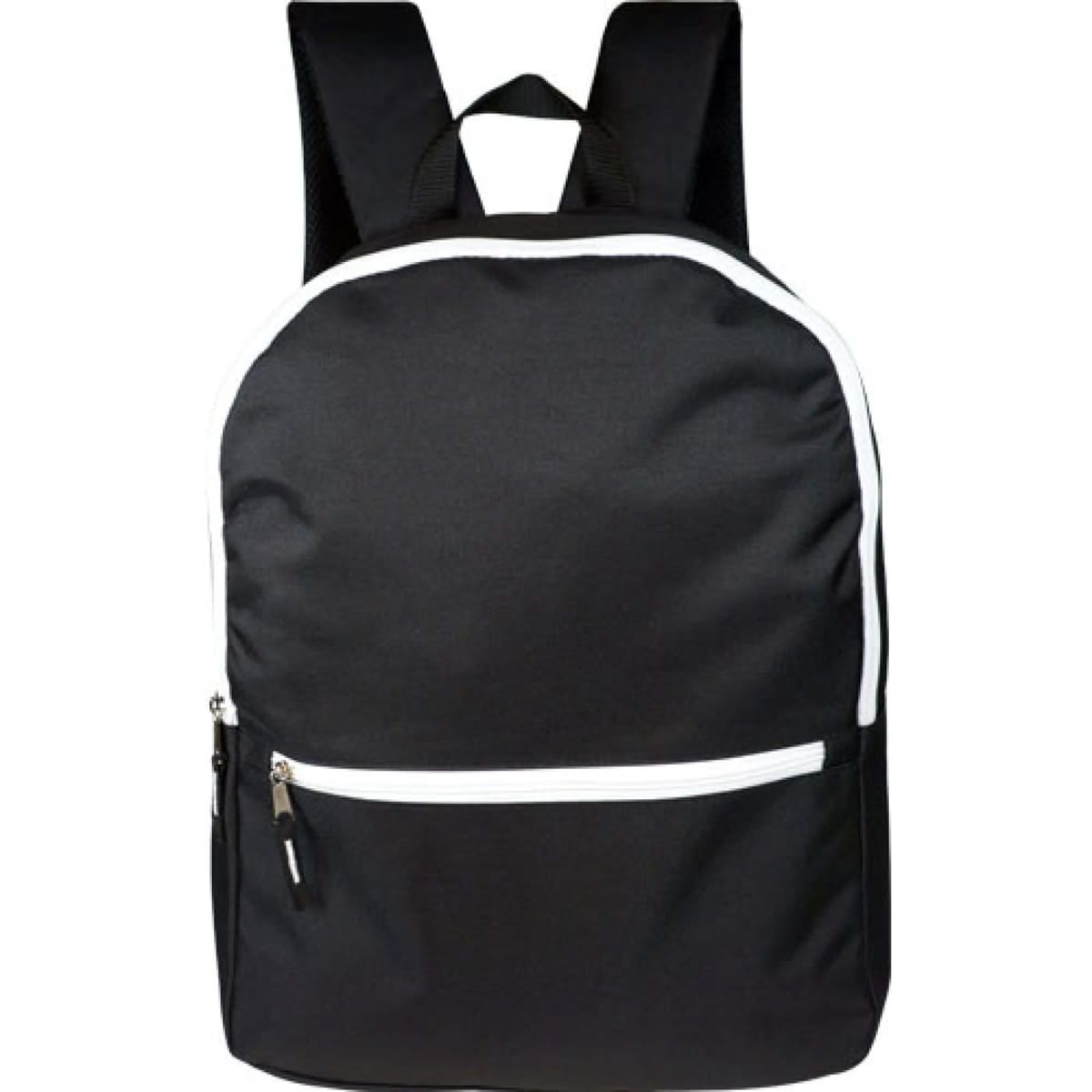 A black backpack with white trim, featuring adjustable straps and a front zipper pocket. It has a logo on the front.