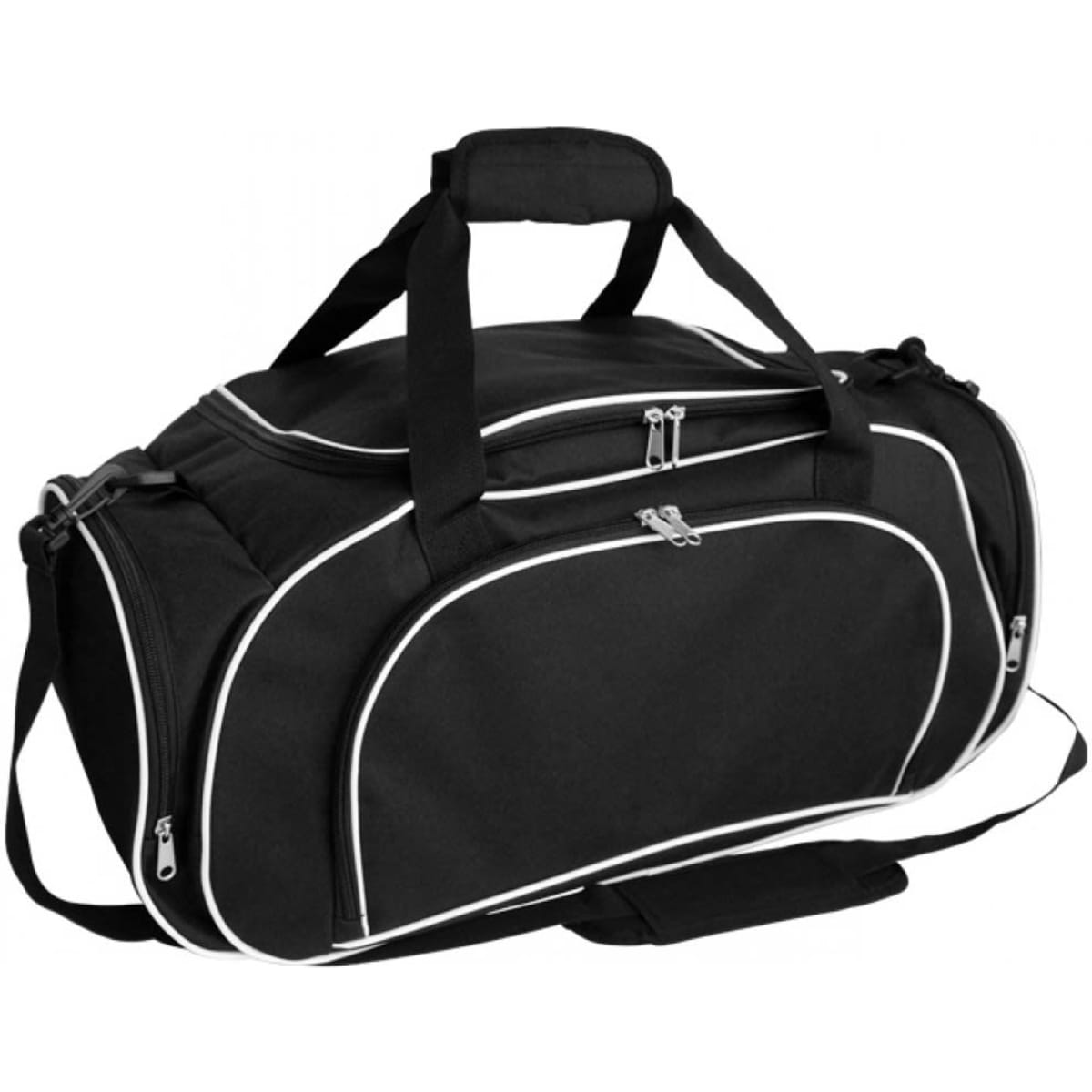 A black deluxe sports bag with white accents, featuring dual handles and a detachable shoulder strap.
