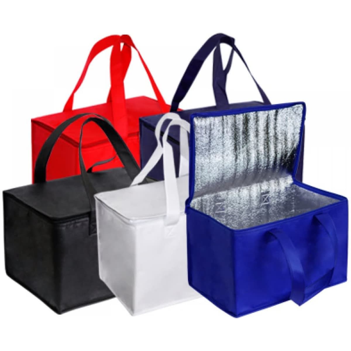Four jumbo cooler bags in red, white, black, and blue, with handles and silver insulated interiors.