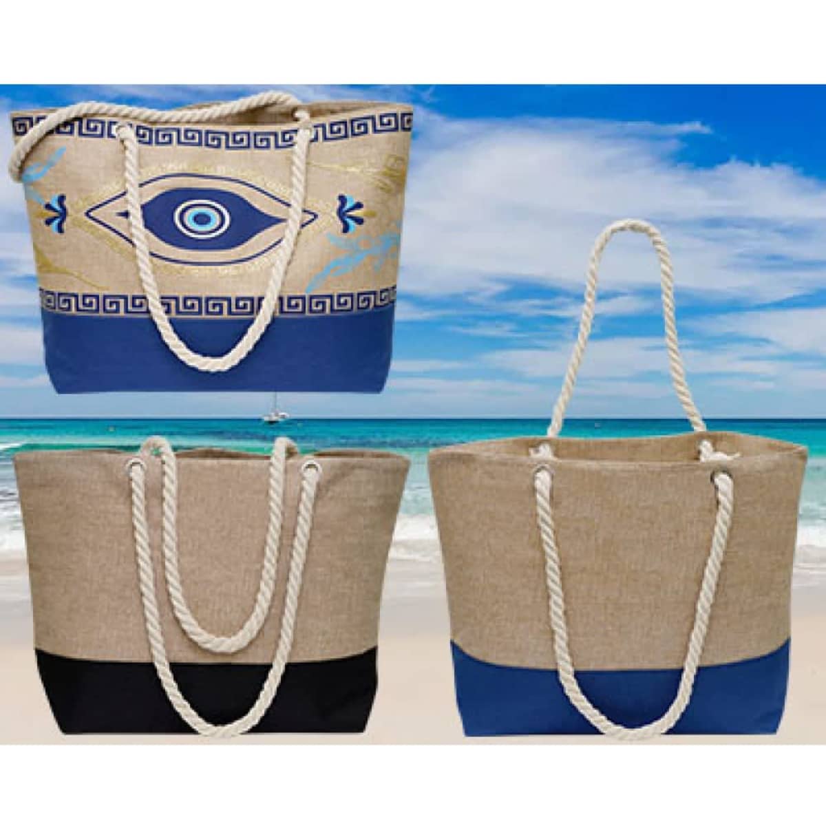 Three tote bags with patterns in blue, beige, and black, featuring braided rope handles, set against a beach backdrop.
