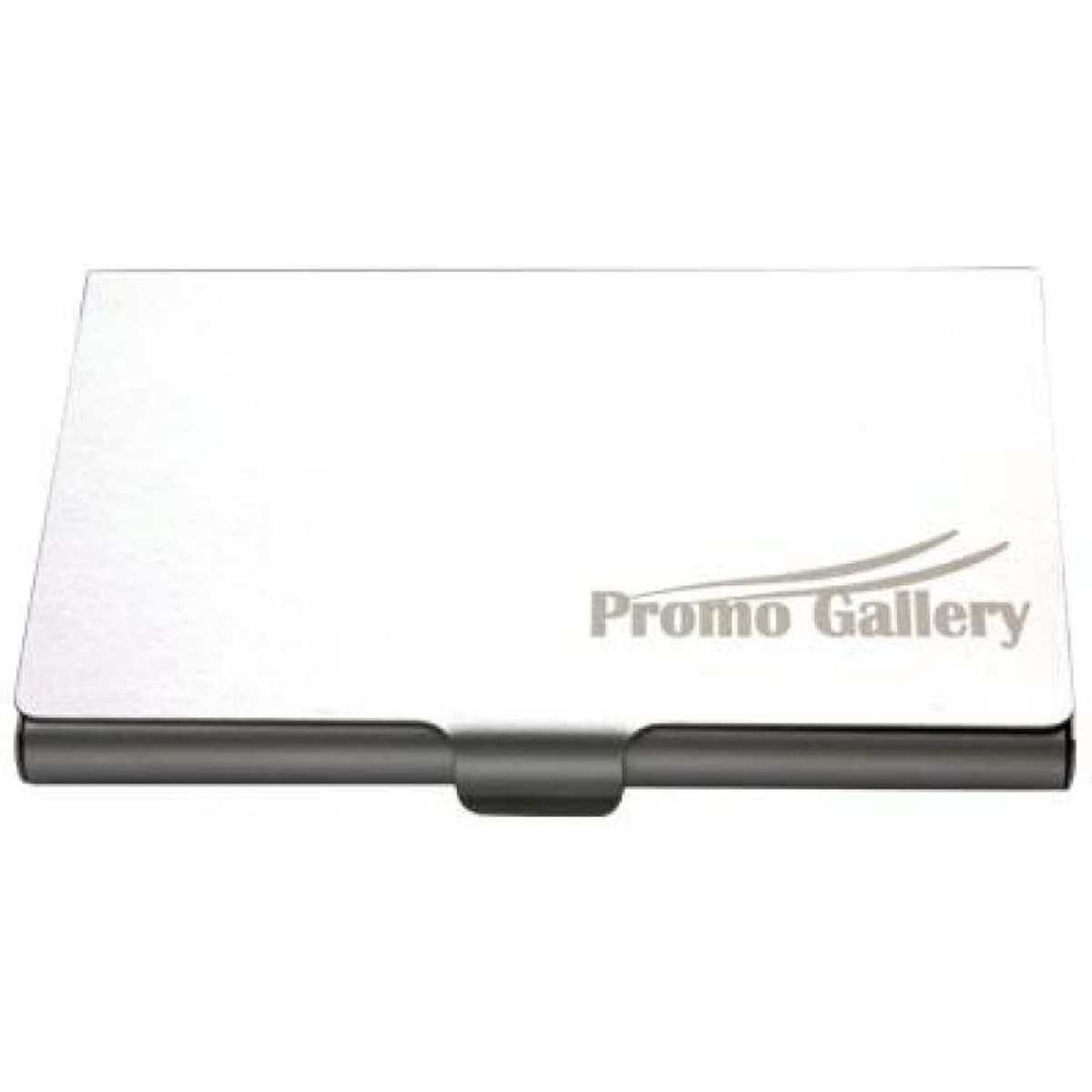 A sleek black aluminium card holder with a silver logo and a smooth, minimal design.