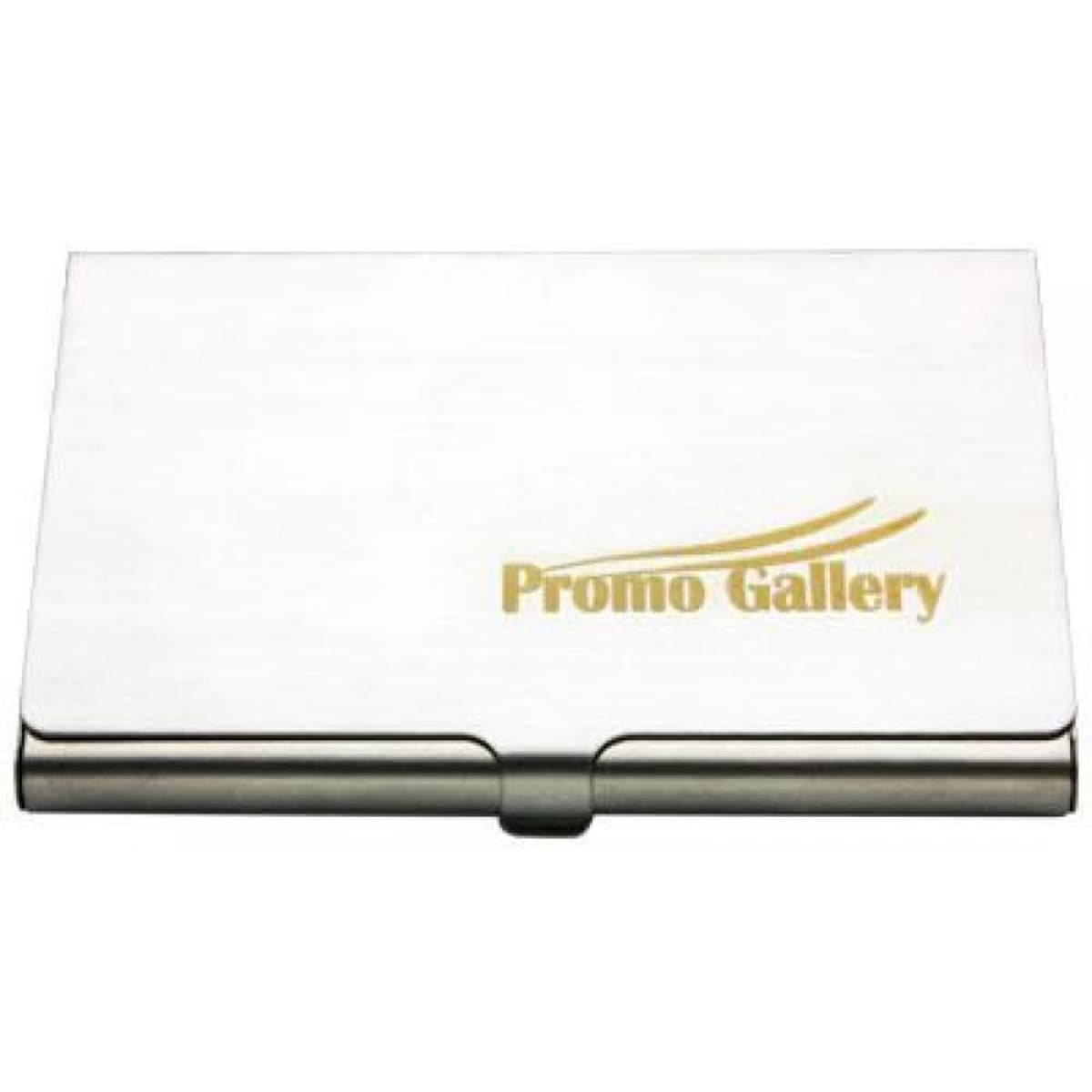 A stainless steel card holder featuring a sleek, brushed finish and a logo on the front.