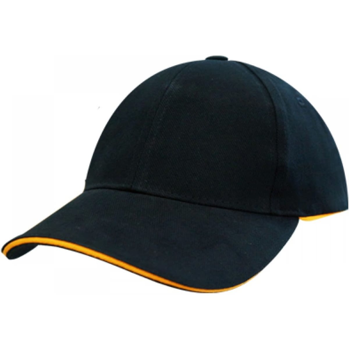 A black cap with an orange peak and trim, featuring a simple design and a logo.