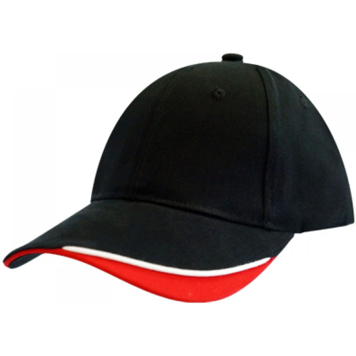 A black cap with a red and white brim, featuring a logo on the front.