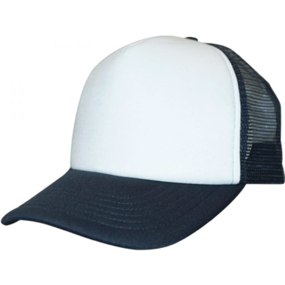A truckers mesh cap featuring a white front panel and a navy blue brim with a mesh back.