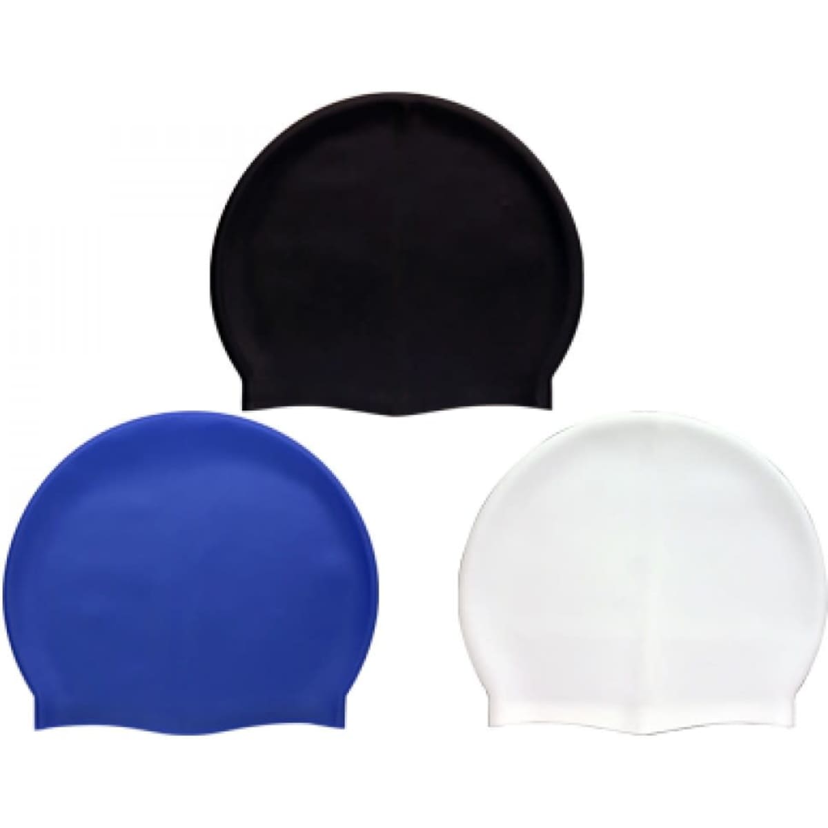 Three swim caps in black, blue, and white laid out in a flat arrangement, each featuring a smooth design.