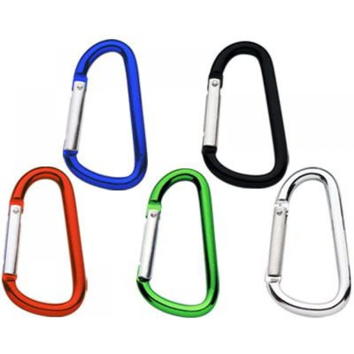 A set of five carabiners in blue, black, red, green, and silver, featuring a metal clasp and a logo.