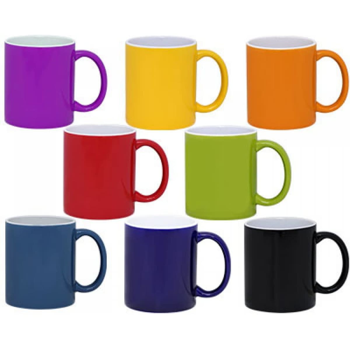 A collection of ceramic mugs in purple, yellow, orange, red, green, blue, black, and dark purple, featuring branding.