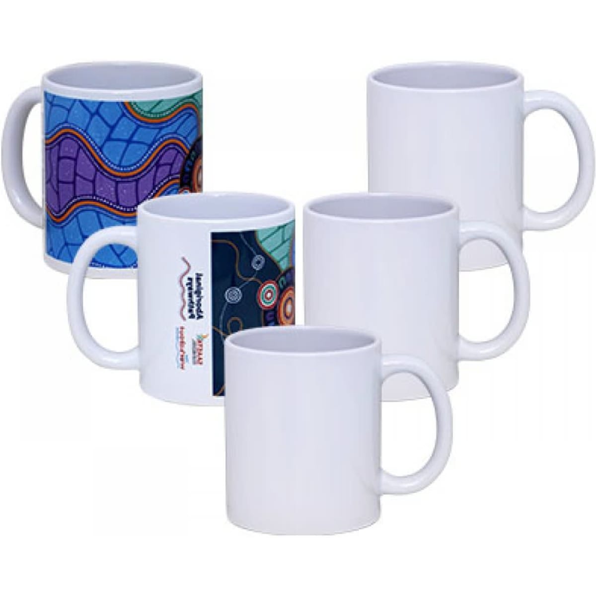 A collection of white ceramic mugs in various shapes and sizes, featuring colourful designs on some.