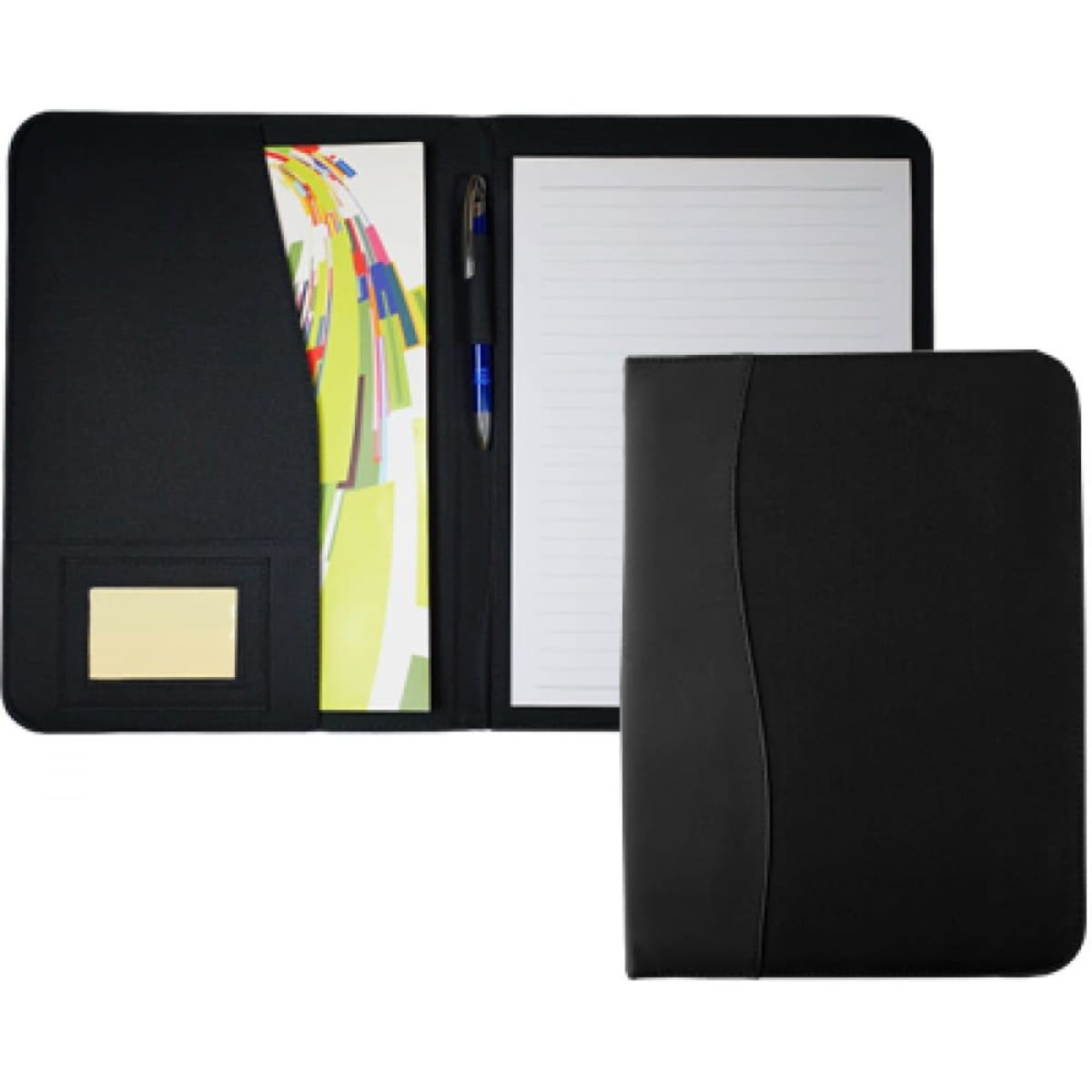 A4 compendium in black featuring a pen, notepad, and document pocket with a colourful insert.