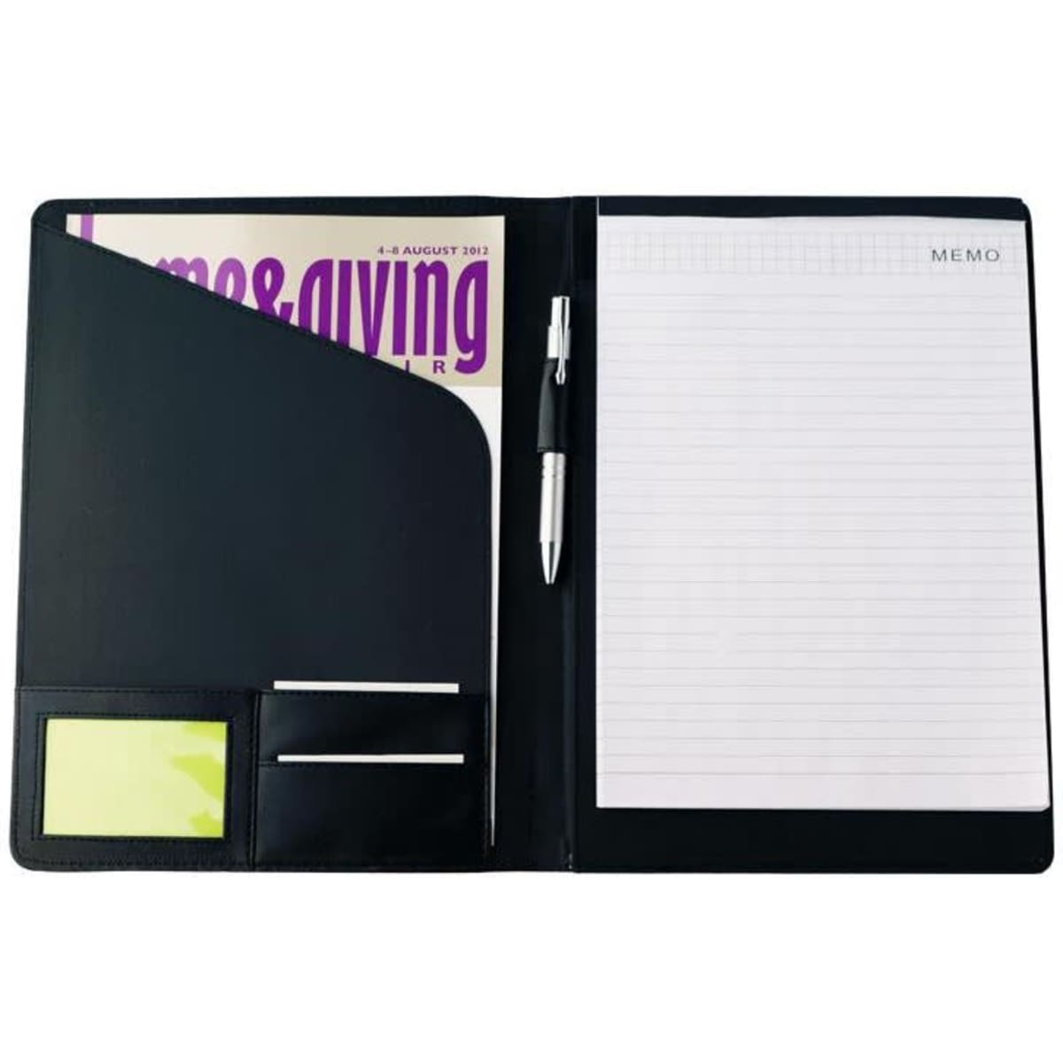 A black compendium featuring a notepad, pen, pockets for cards, and space for a magazine.