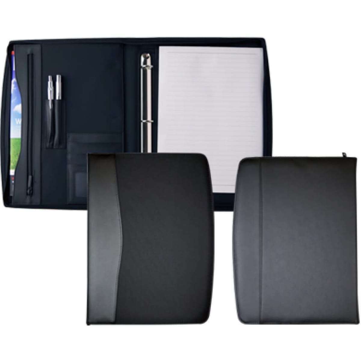 A black A4 compendium featuring a pen, notepad, and various pockets, with a logo present.