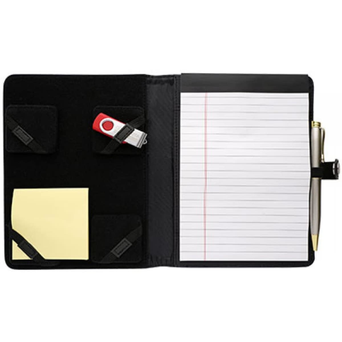 A5 compendium featuring black fabric, with pockets for a USB drive and a pen, and includes lined notepad and sticky notes.