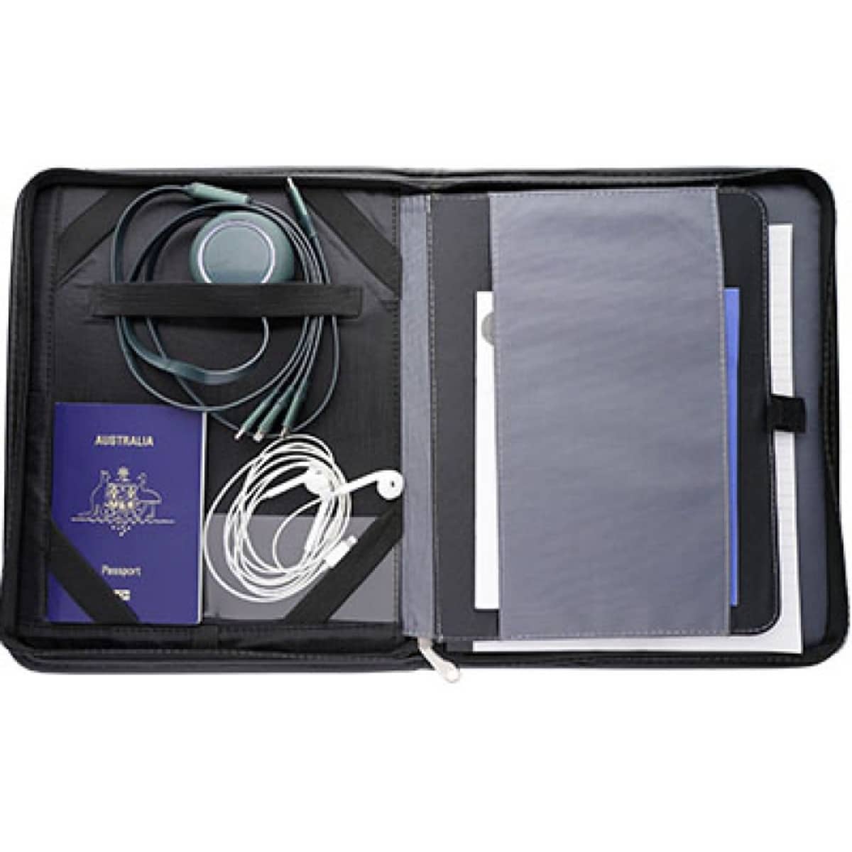 A black A5 folio containing a passport, papers, headphones, and a pocket inside.