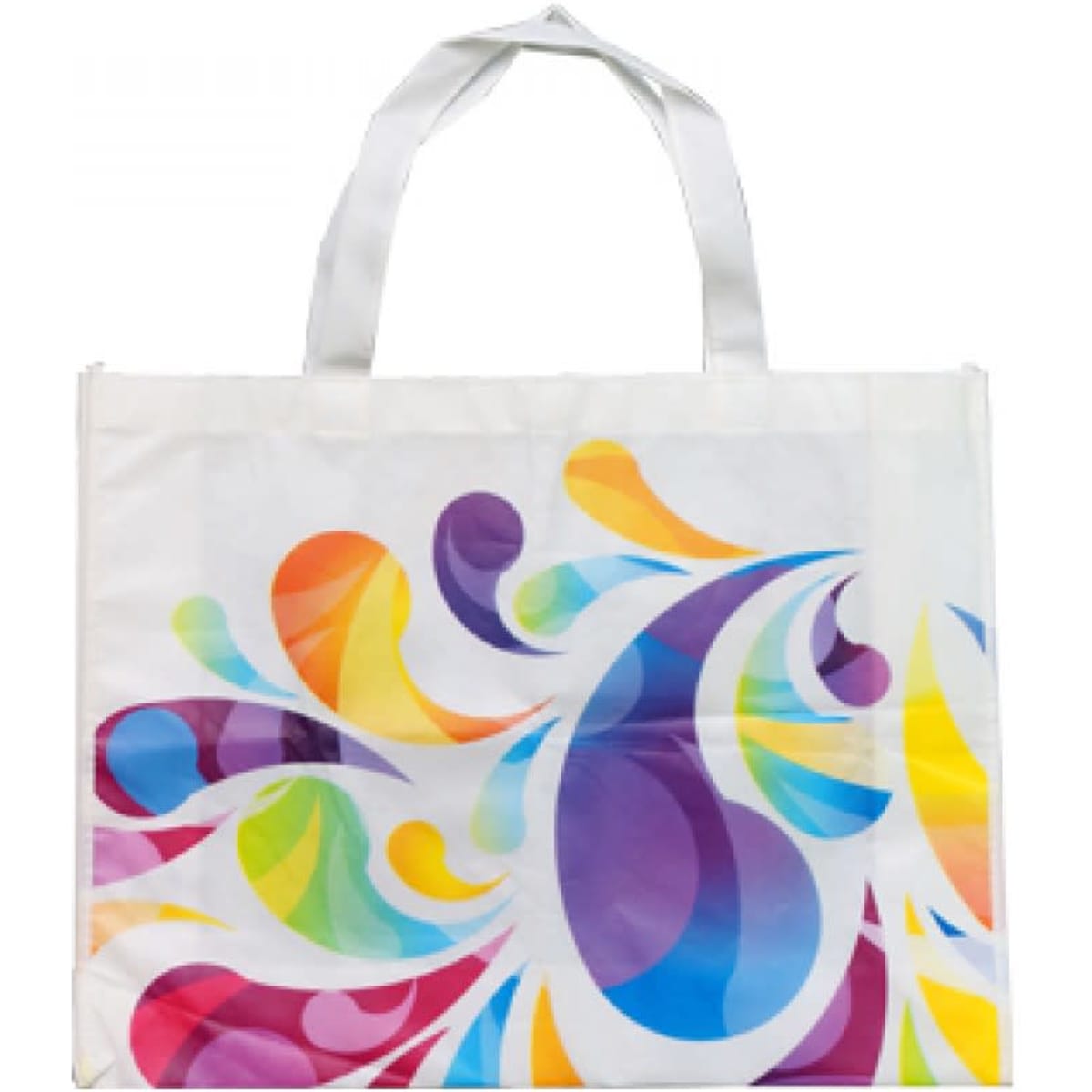 A custom bag featuring a vibrant, multi-coloured swirl design on a white background with two handles.