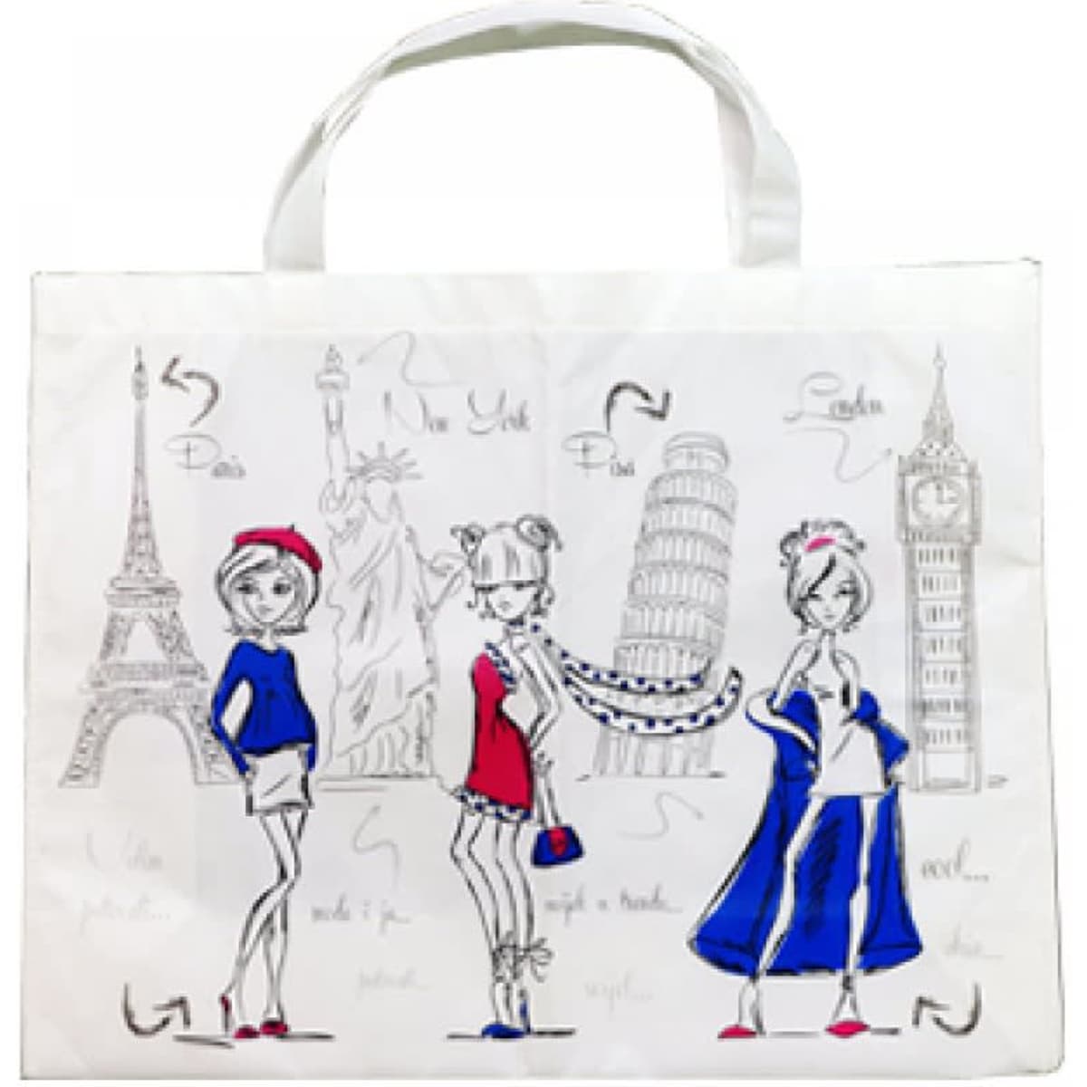 A white tote bag featuring illustrated figures in red and blue, with landmarks like the Eiffel Tower and Big Ben.