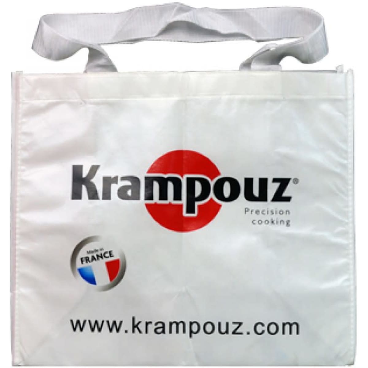 A white promotional bag with grey handles and a logo, featuring a round emblem and website details.