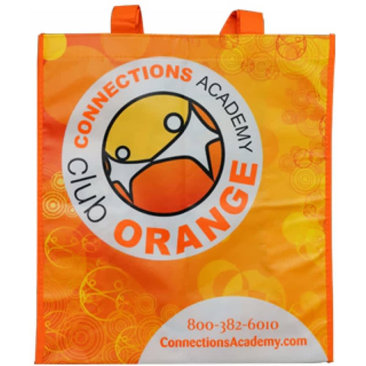 A custom bag in vibrant orange with a circular logo and branding elements. The bag features two handles.
