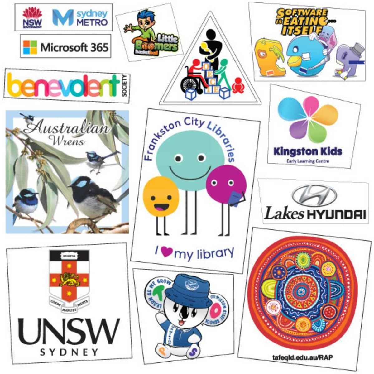 A collection of various colourful logos and stickers, including a bird illustration, library, and educational themes.