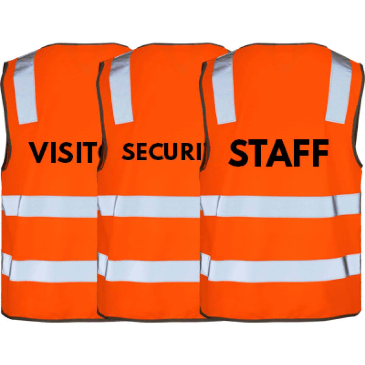 Three high-visibility orange vests with reflective stripes, labelled "VISITOR," "SECURITY," and "STAFF."