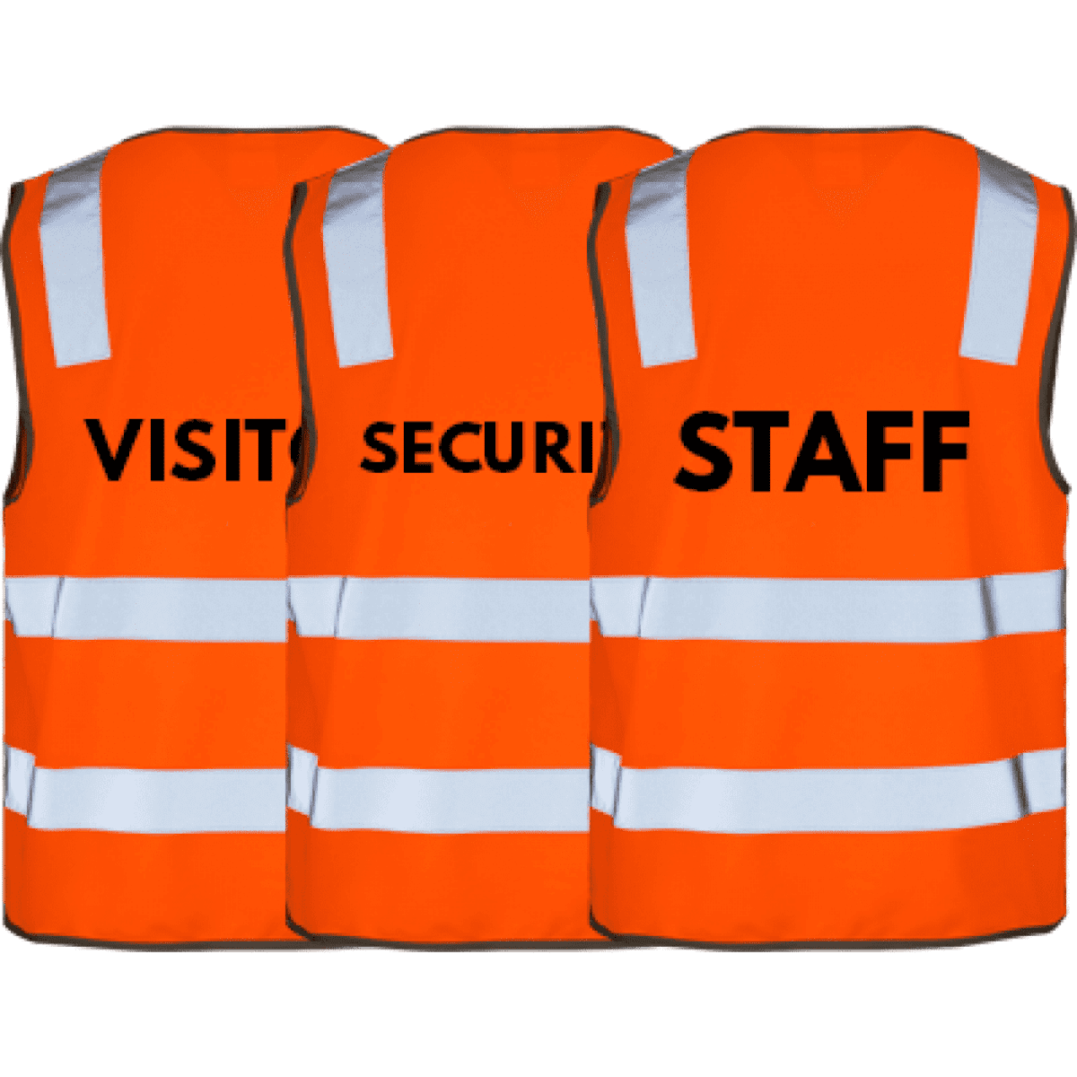 Hi-Vis safety vests in orange with reflective stripes, featuring the words "VISITOR," "SECURITY," and "STAFF." They have logos.