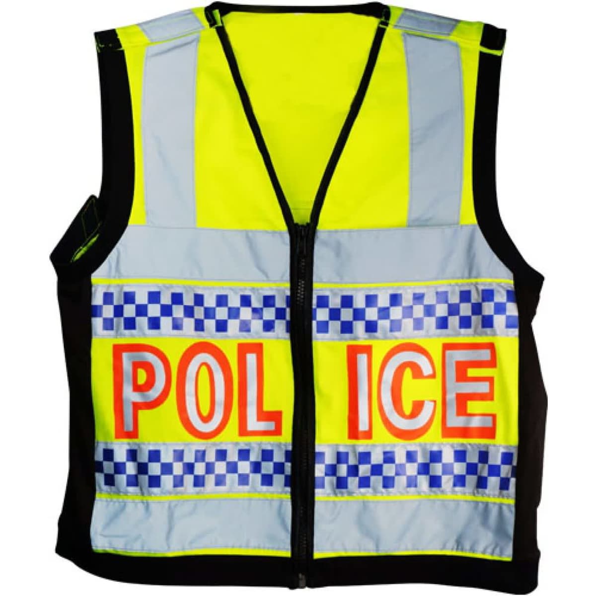 A bright yellow police vest with reflective stripes and a checkered pattern. It features a zip front and a logo.