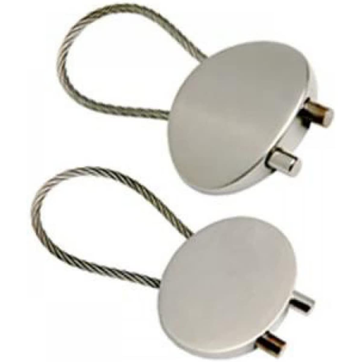 Two metal key rings featuring a circular design, with a silver finish and wire loops for attachment.