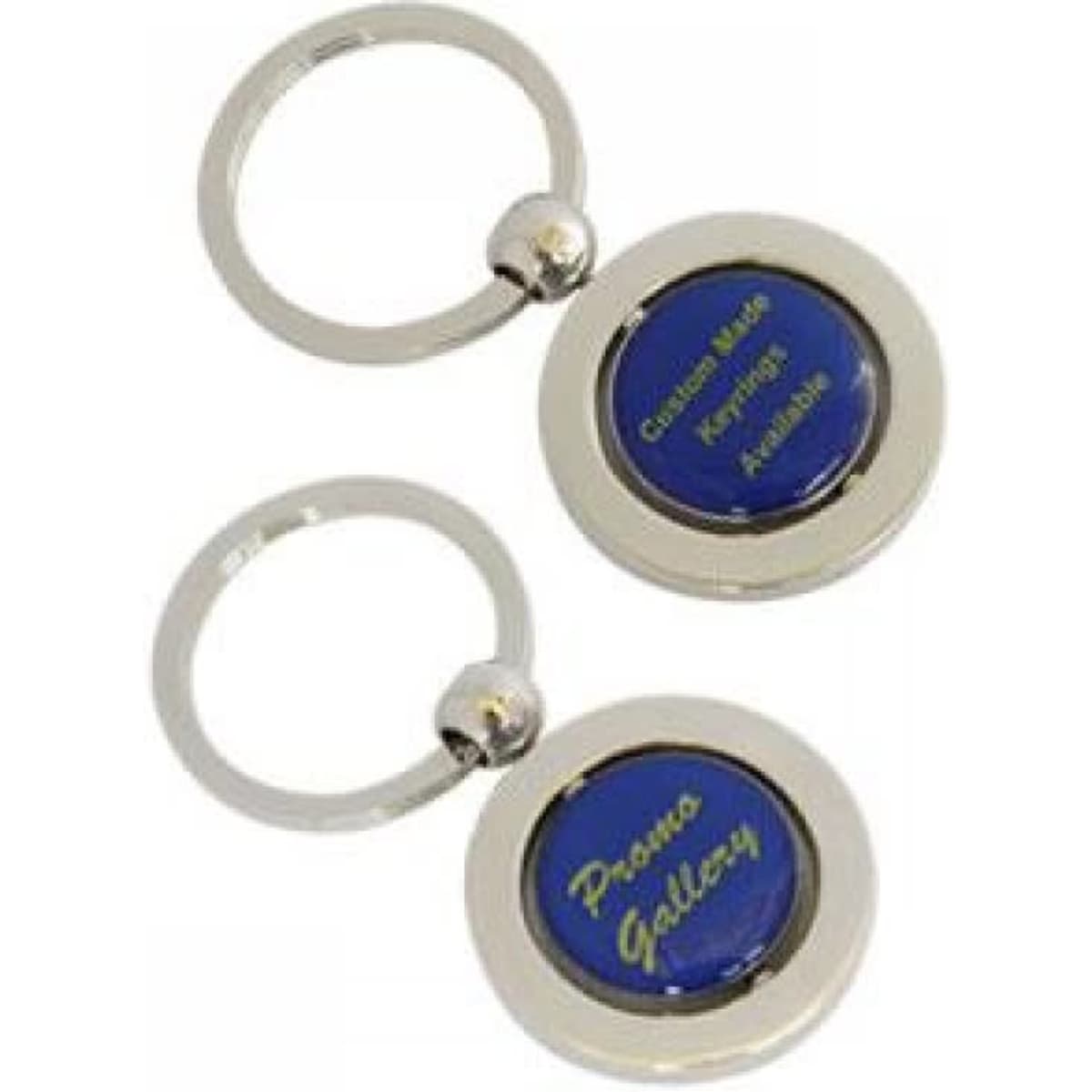A set of metal key rings with a shiny silver finish and a blue circular insert featuring a logo.