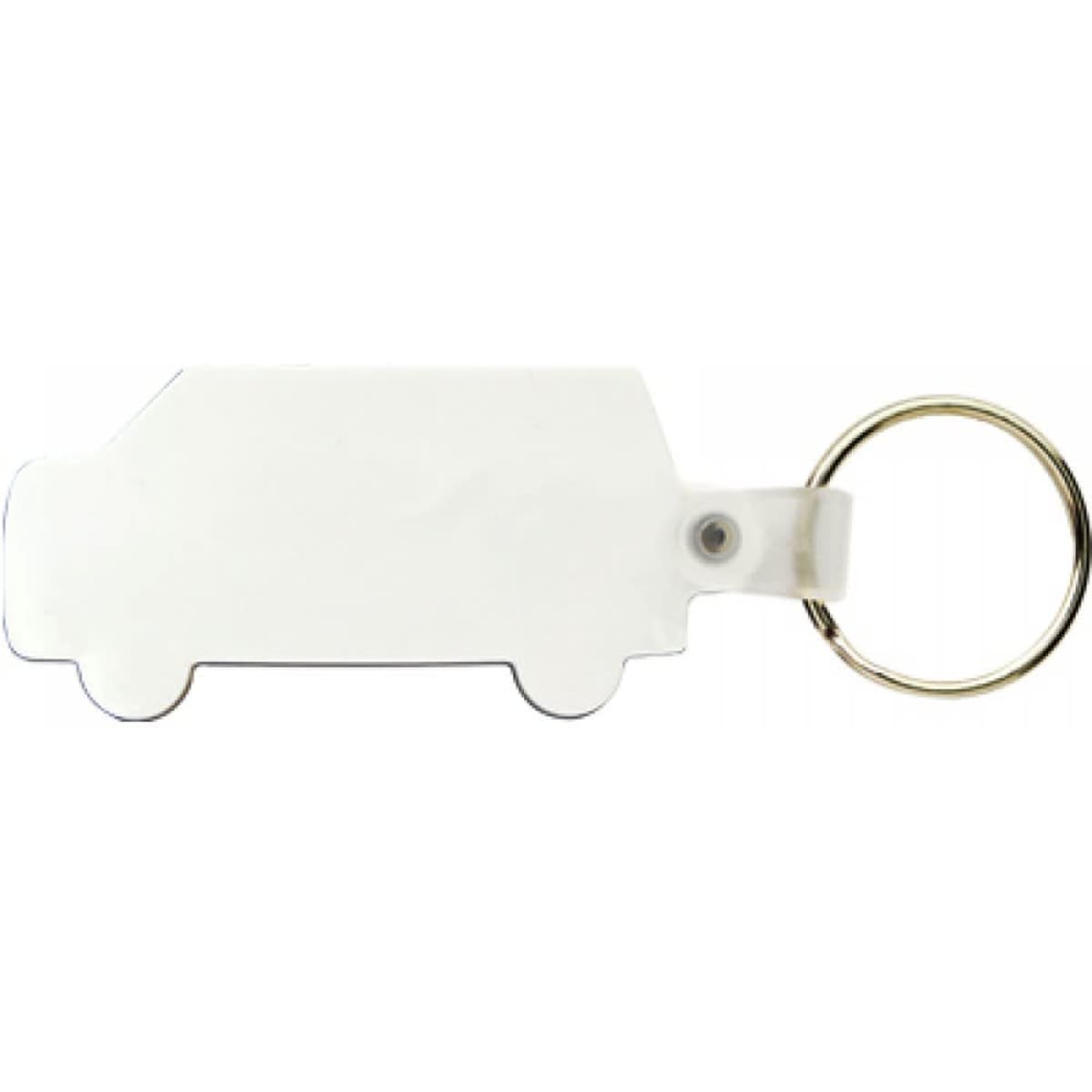 A white soft PVC keytag shaped like a van, featuring a metal keyring attachment.