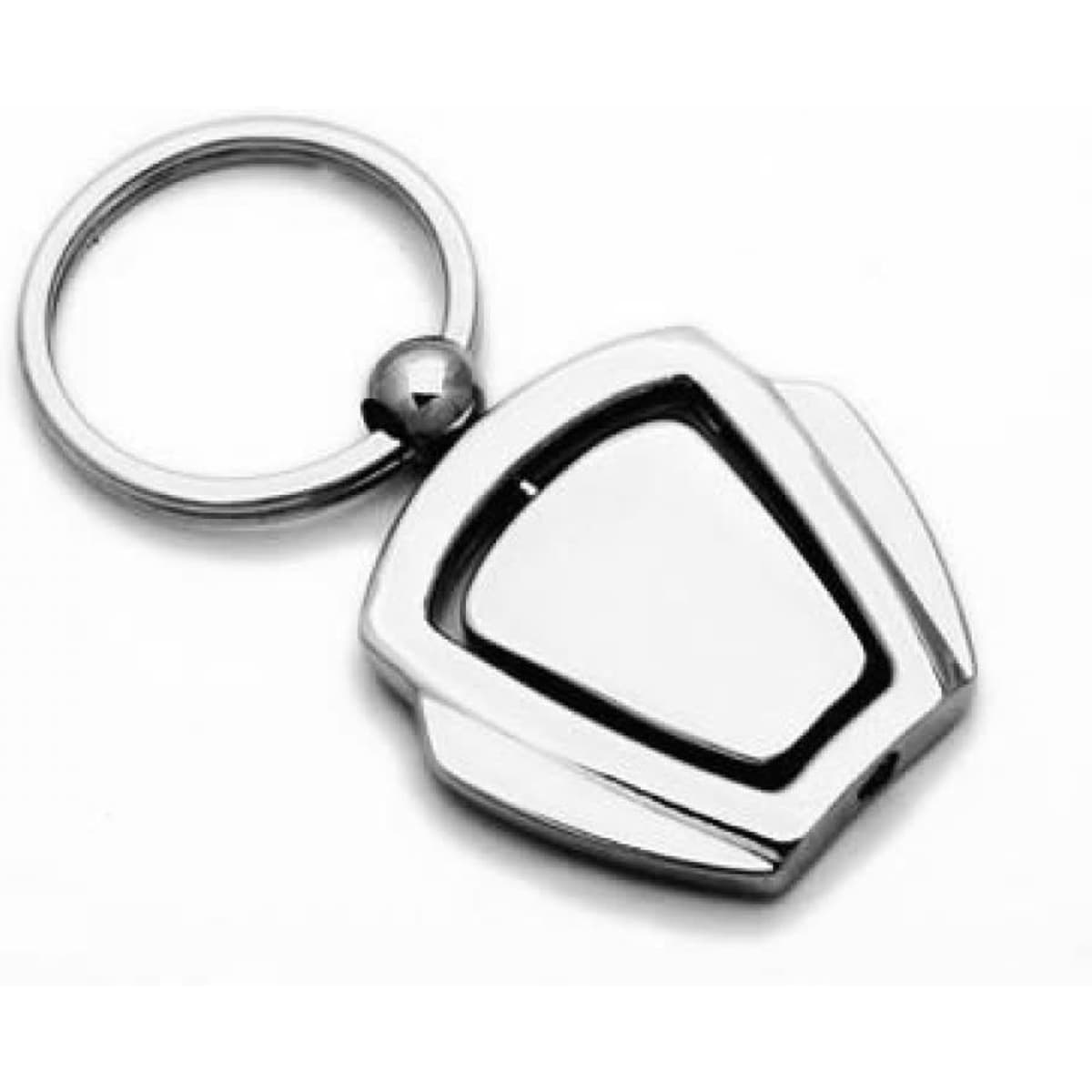 A metallic key ring with a polished silver finish and a unique shield-shaped design, featuring a circular attachment.