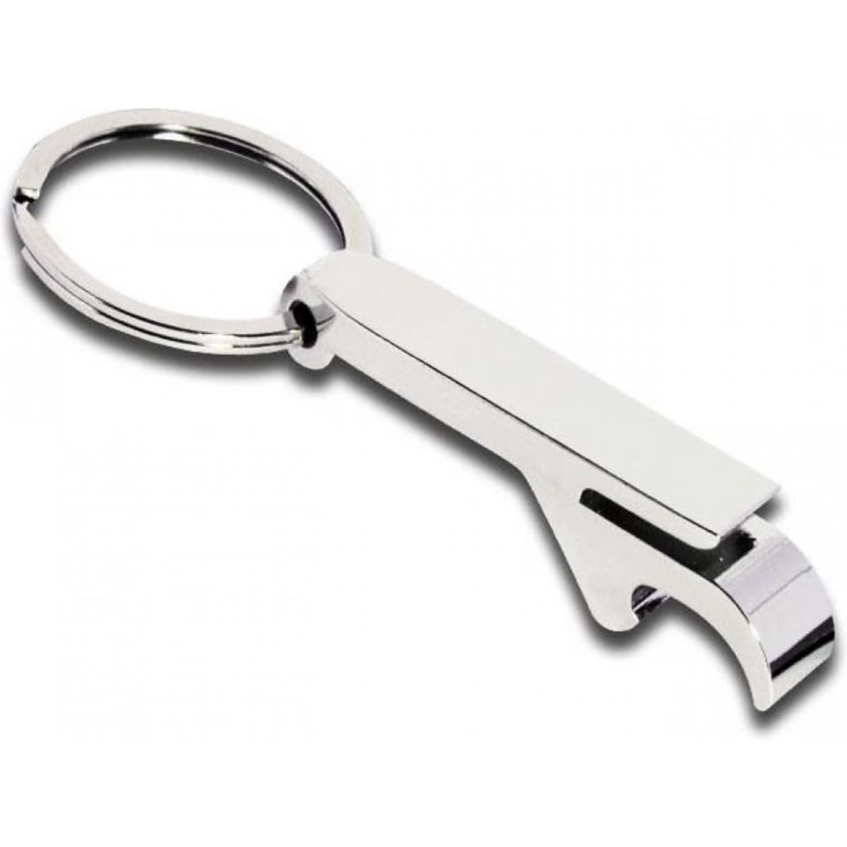 A silver metal key ring with a bottle opener feature and a circular keychain attachment.