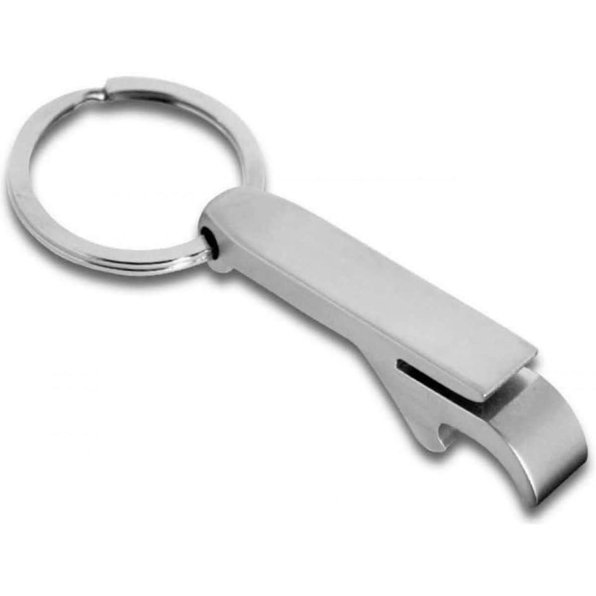 A silver metal key ring with an attached bottle opener feature. It has a simple, sleek design.