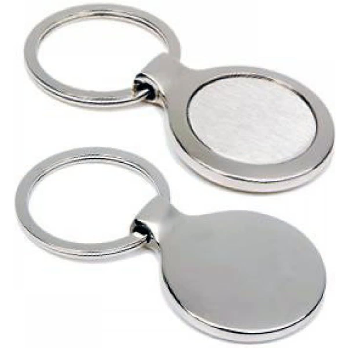 Two metal key rings with a polished silver finish and a blank surface for customisation.