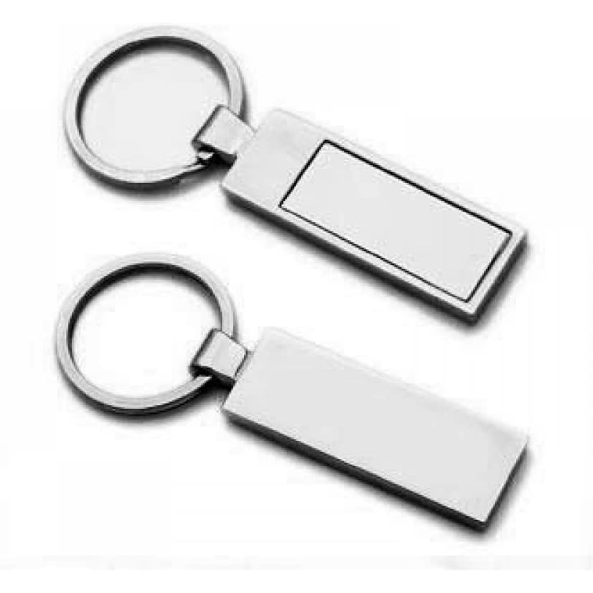 Two silver metal key rings with rectangular shapes and a polished finish, featuring a blank area for customisation.