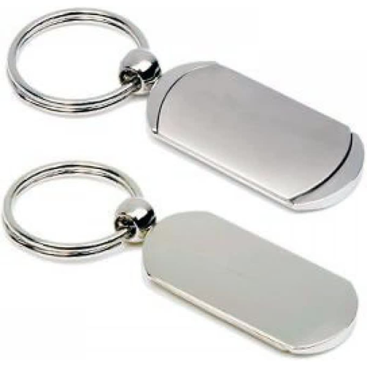 Two metal key rings with a shiny silver finish, featuring a smooth, rectangular design. One ring has a branding logo.