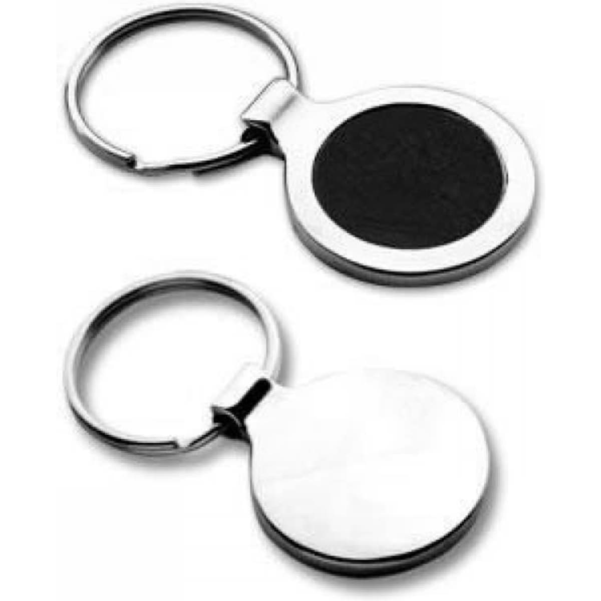 A silver metal key ring with a circular design, featuring a black surface on one side and a shiny finish on the other.