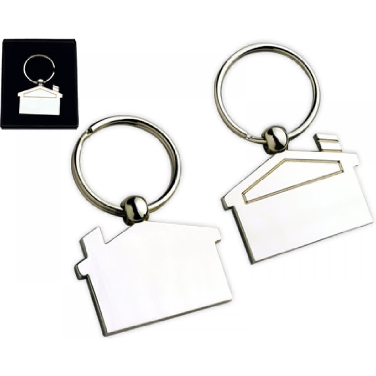 Two metal key rings shaped like houses, one in a box and one displayed separately, featuring a silver finish.