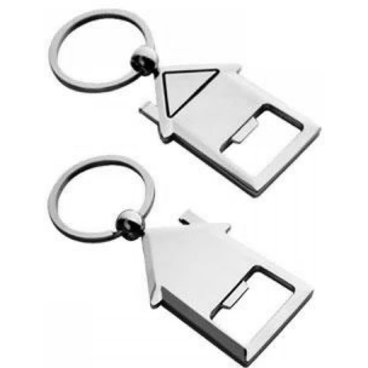 Two metal key rings shaped like houses, featuring a loop for holding keys. They have a sleek, silver finish.