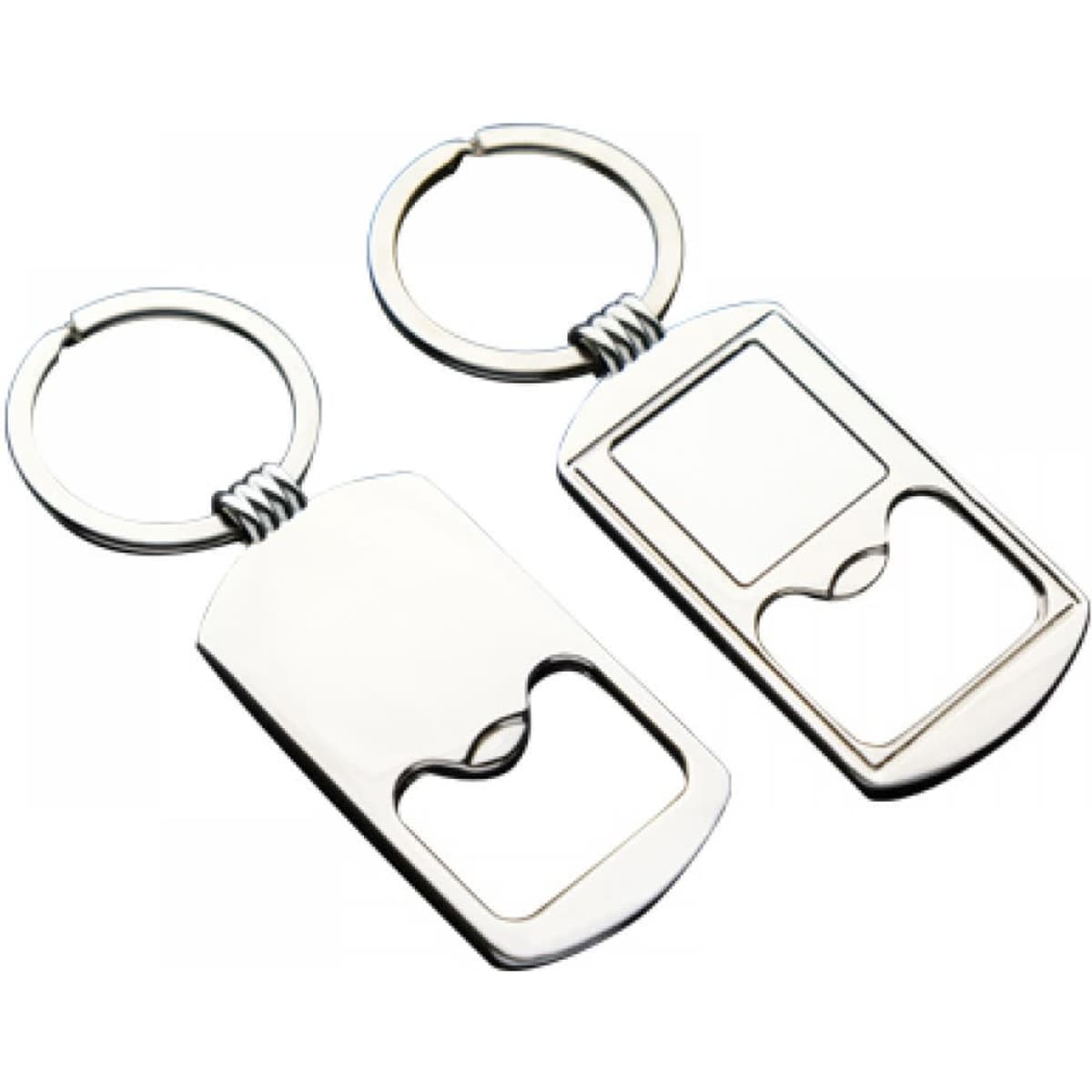 Two metal key rings in silver, featuring an integrated bottle opener design. One has a smooth surface, the other has a rectangular cutout.