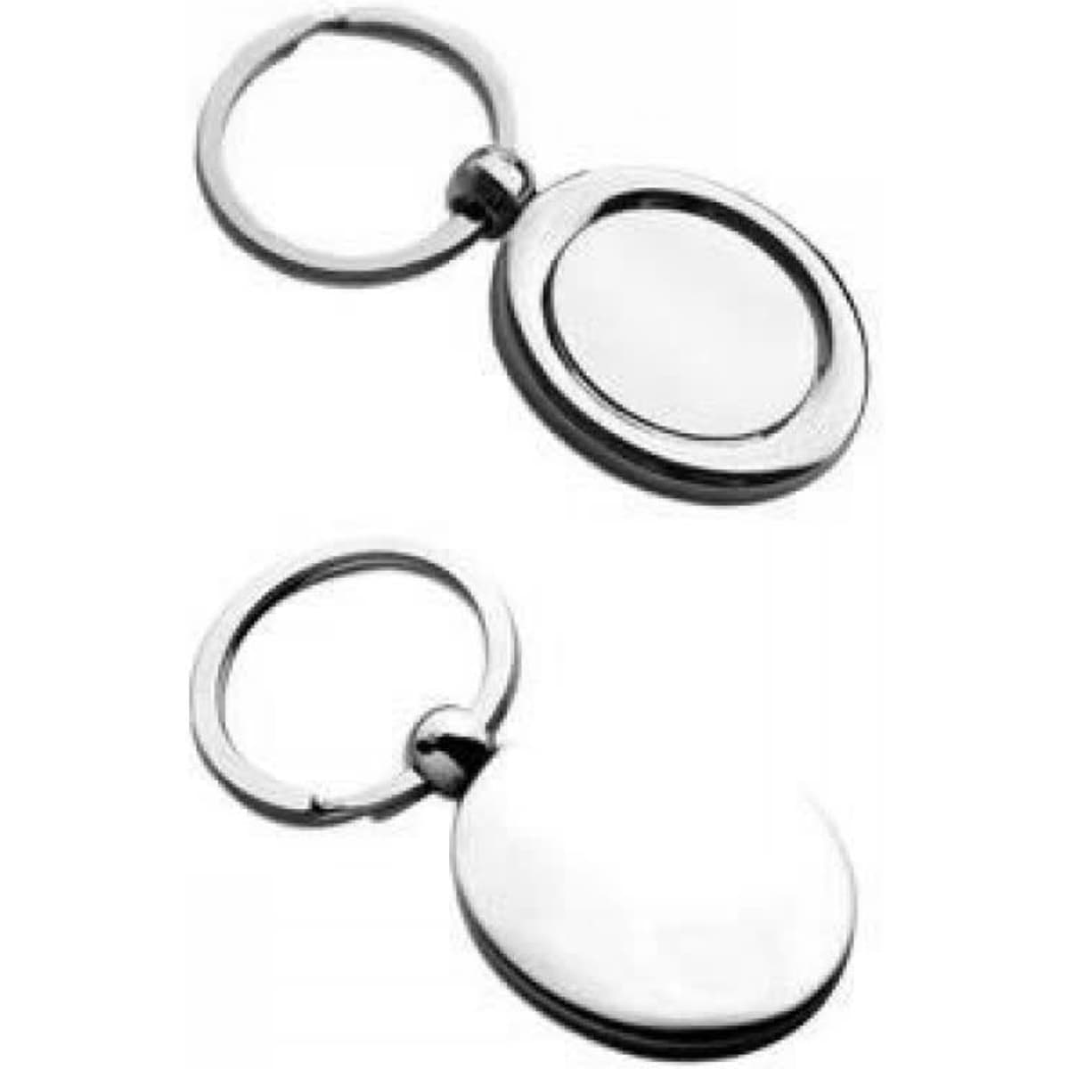 A pair of silver metal key rings with circular frames, featuring smooth reflective surfaces and a branding logo.