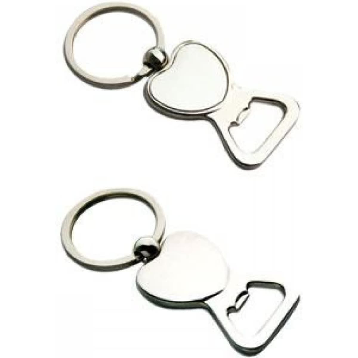Metal key rings in a heart shape, featuring a bottle opener design, finished in shiny silver.