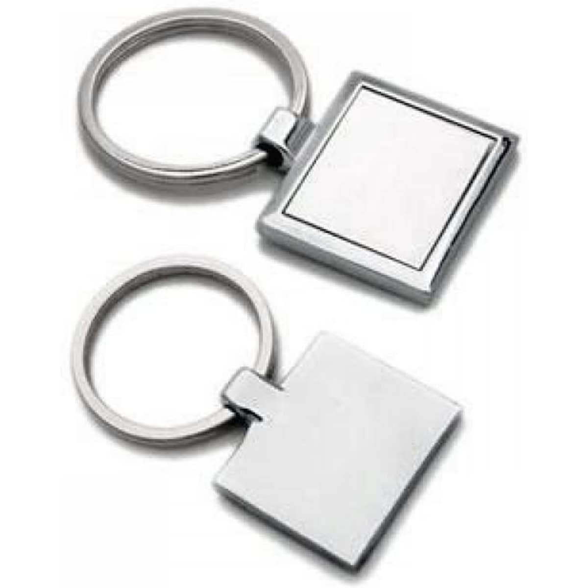 Two silver metal key rings in square and rectangular shapes, featuring a polished finish and attached loops.