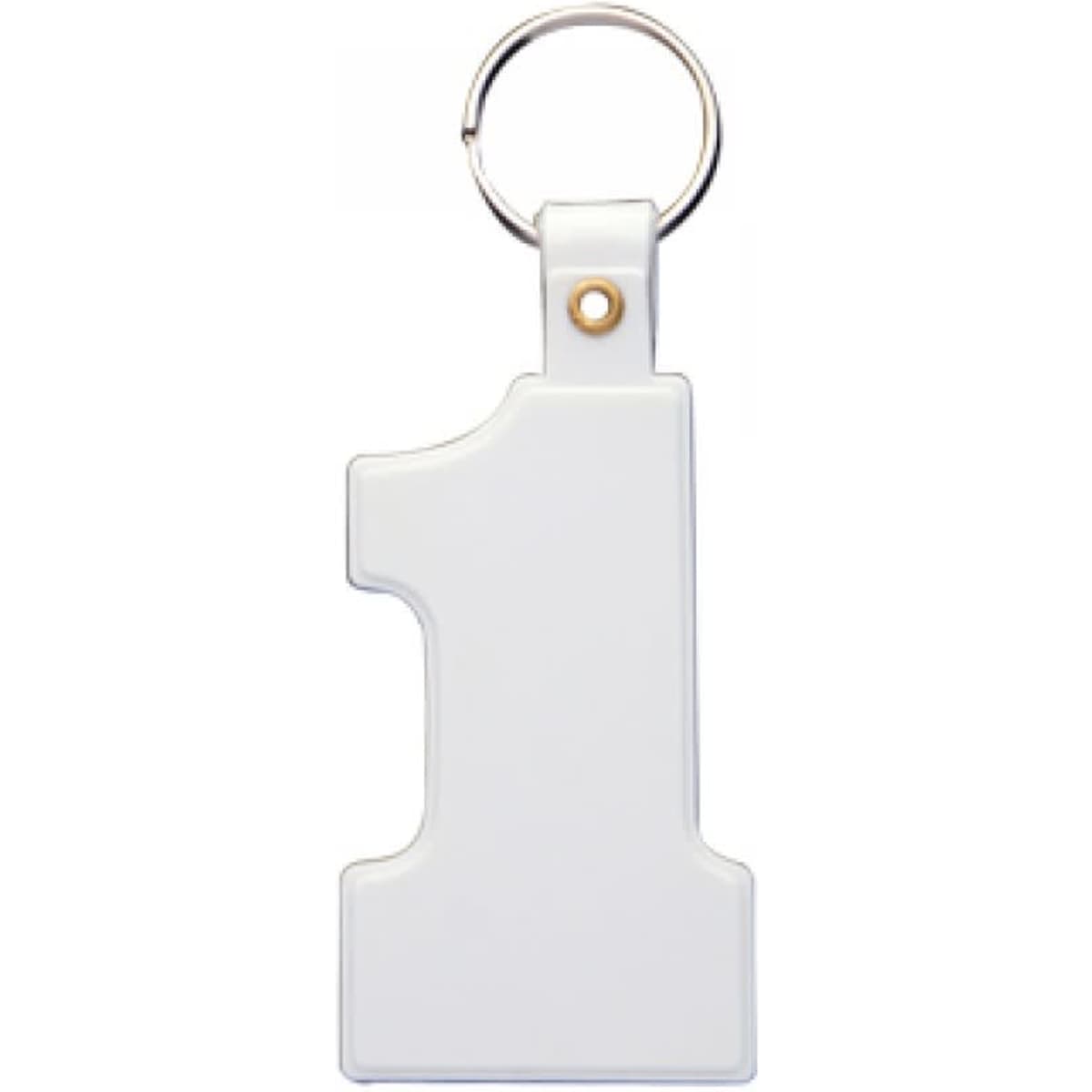 A white keytag shaped like the number one, attached to a metal ring.