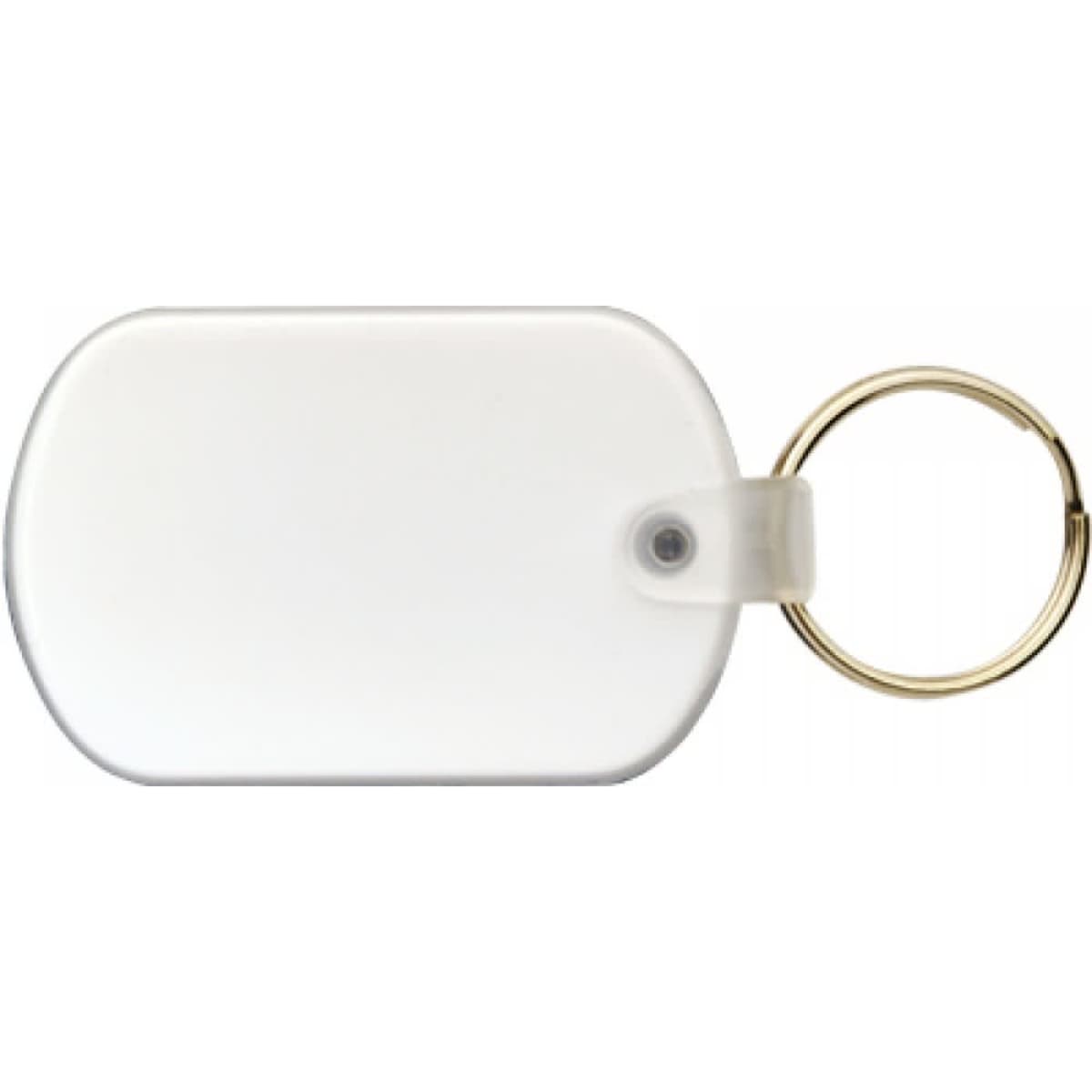 A white soft PVC keytag featuring a gold keyring. The keytag is rectangular with rounded edges.