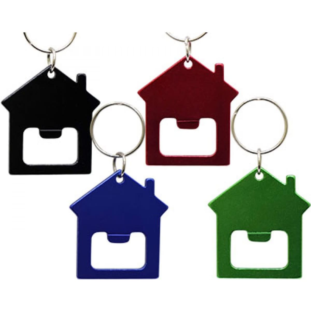 A drink bottle opener shaped like a house, available in black, red, blue, and green, with a keychain attachment.