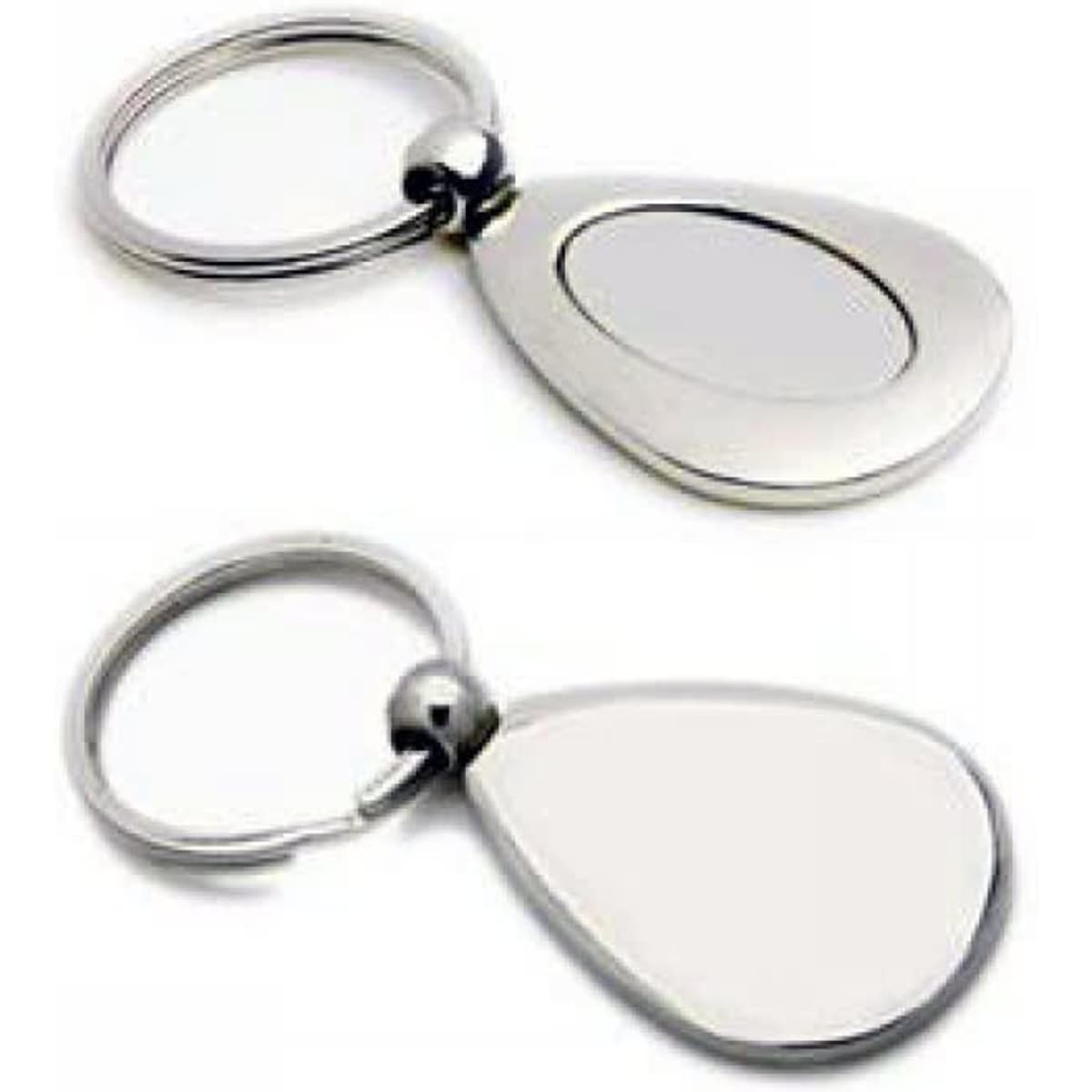 A polished silver metal key ring with a rounded teardrop shape, featuring a smooth, reflective surface.